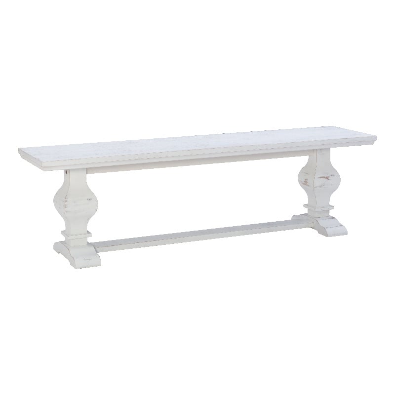 Maklaine Solid Pine Wood Double Pedestal Dining Bench in Distressed White