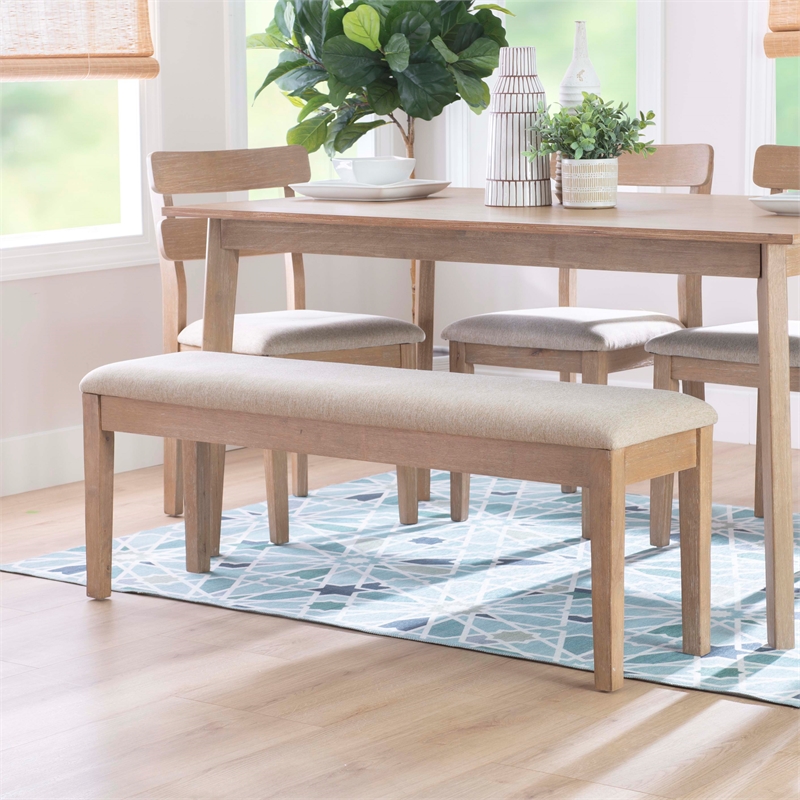 Maklaine Sturdy Wood Bench Light Beige Padded Seat in Natural Lacquer Finish