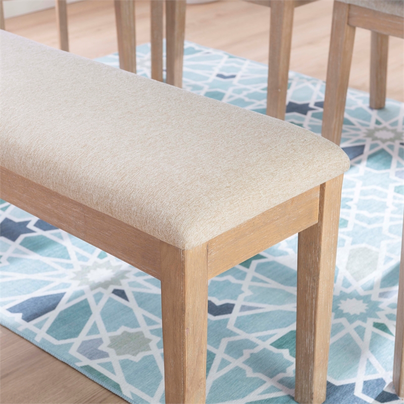 Maklaine Sturdy Wood Bench Light Beige Padded Seat in Natural Lacquer Finish