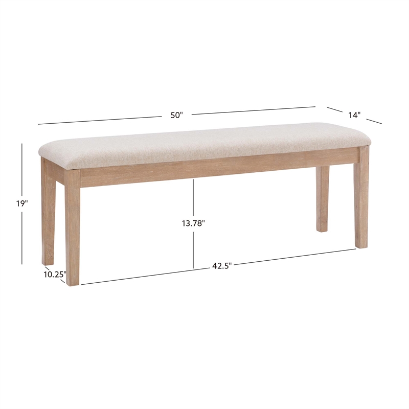 Maklaine Sturdy Wood Bench Light Beige Padded Seat in Natural Lacquer Finish