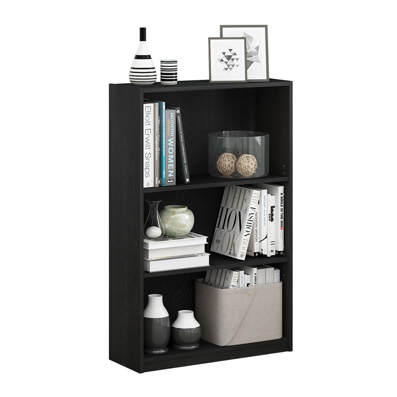 Maklaine Contemporary Wood 3-Tier Adjustable Shelf Bookcase in Black