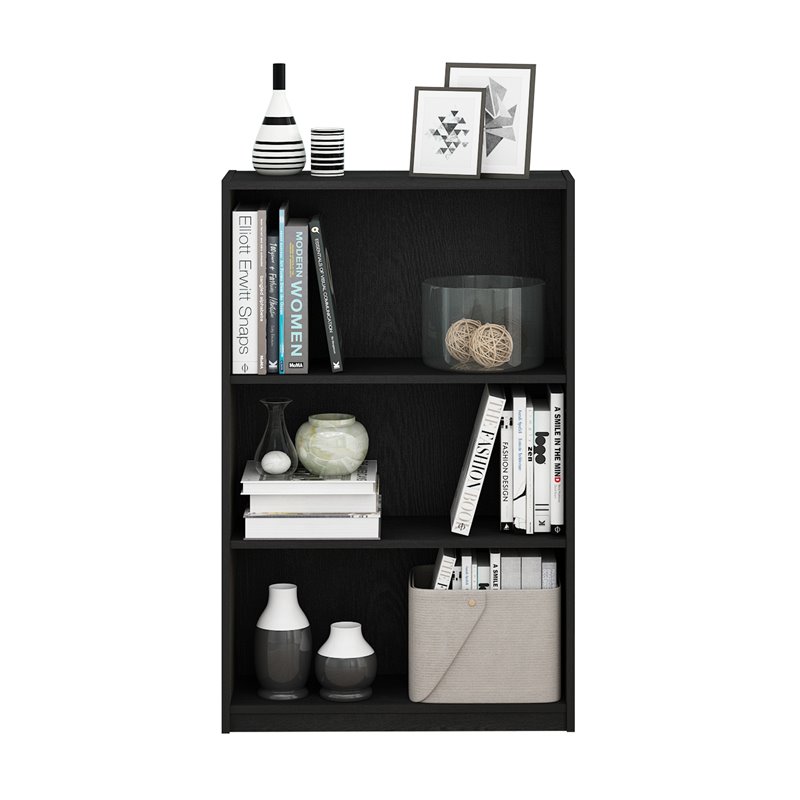 Maklaine Contemporary Wood 3-Tier Adjustable Shelf Bookcase in Black