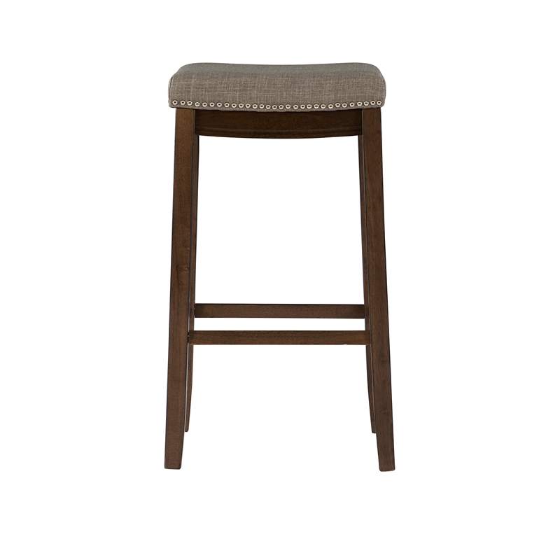 Maklaine Bar Stool Gray Woven Padded Seat Wood Frame in Rustic Brown