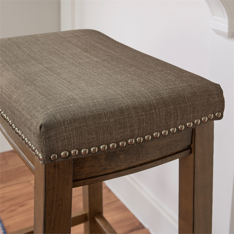 Maklaine Bar Stool Gray Woven Padded Seat Wood Frame in Rustic Brown