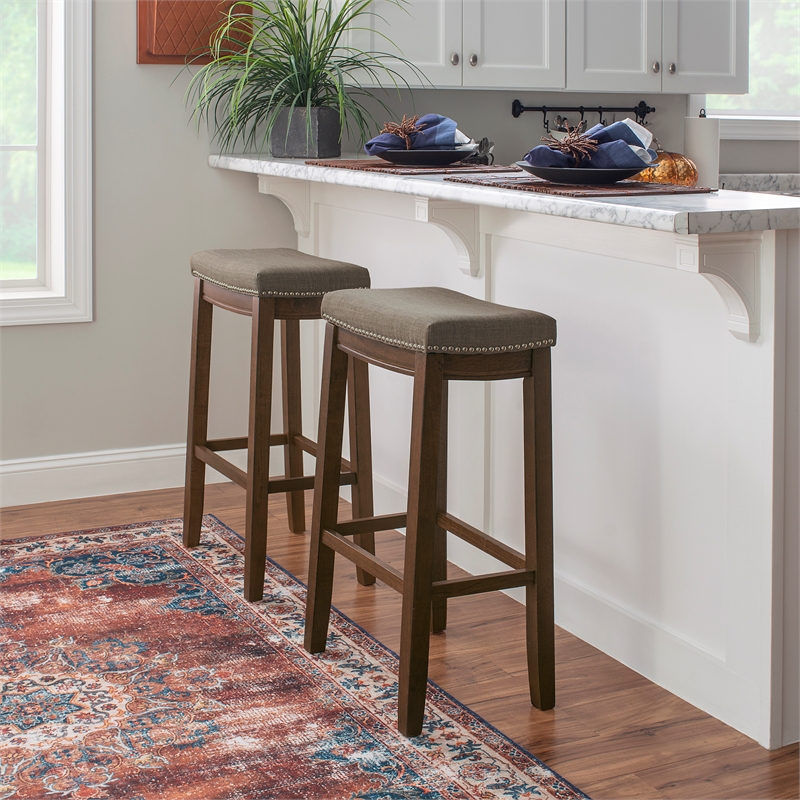 Maklaine Bar Stool Gray Woven Padded Seat Wood Frame in Rustic Brown