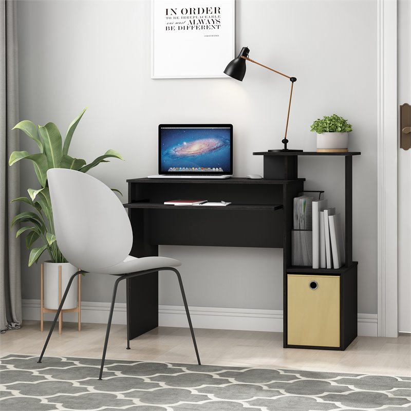 Maklaine Wood Multipurpose Computer Writing Desk w/Bin in Black/Brown