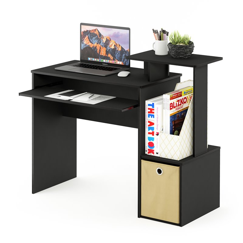 Maklaine Wood Multipurpose Computer Writing Desk w/Bin in Black/Brown