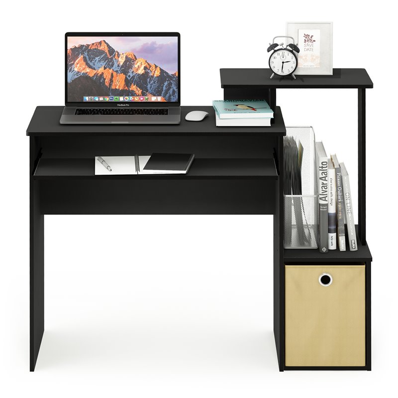 Maklaine Wood Multipurpose Computer Writing Desk w/Bin in Black/Brown