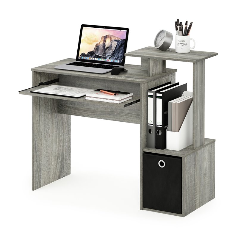 Maklaine Wood Computer Writing Desk w/Bin in French Oak Gray/Black