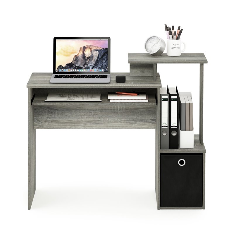 Maklaine Wood Computer Writing Desk w/Bin in French Oak Gray/Black