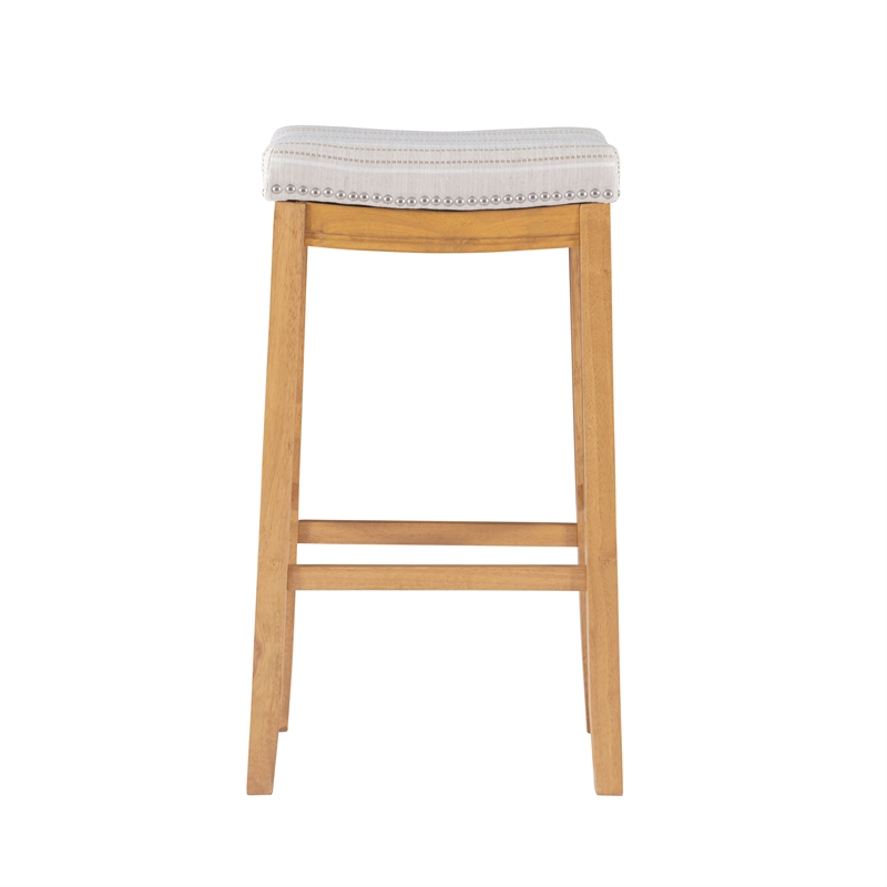 Maklaine Bar Stool Natural Stripe Padded Seat Wood Frame in Rustic Brown
