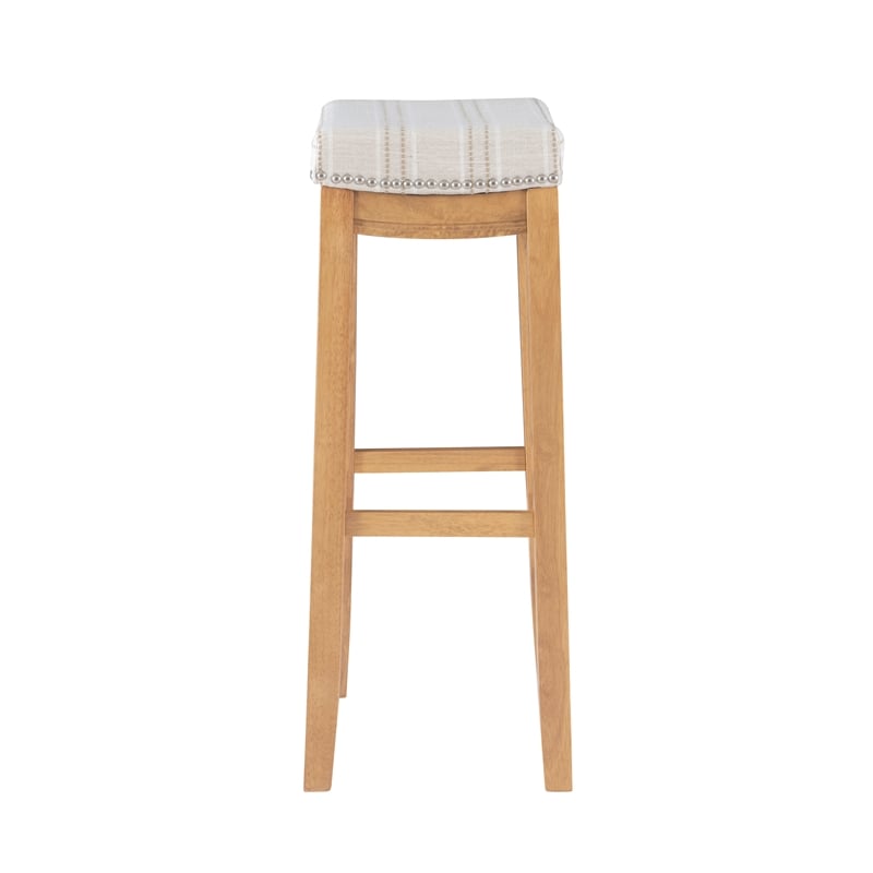 Maklaine Bar Stool Natural Stripe Padded Seat Wood Frame in Rustic Brown