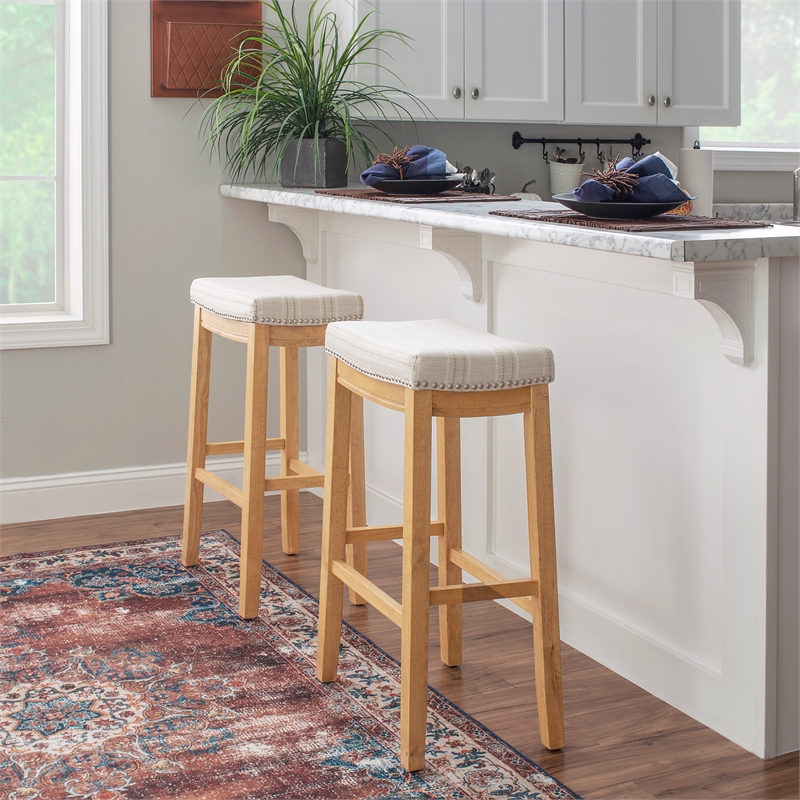 Maklaine Bar Stool Natural Stripe Padded Seat Wood Frame in Rustic Brown