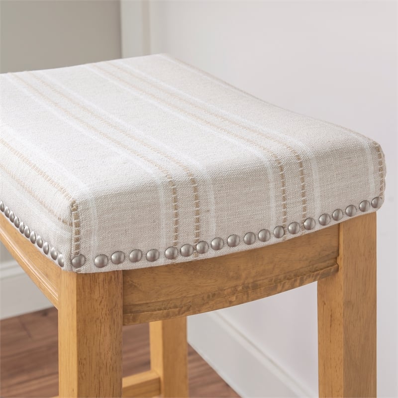 Maklaine Bar Stool Natural Stripe Padded Seat Wood Frame in Rustic Brown