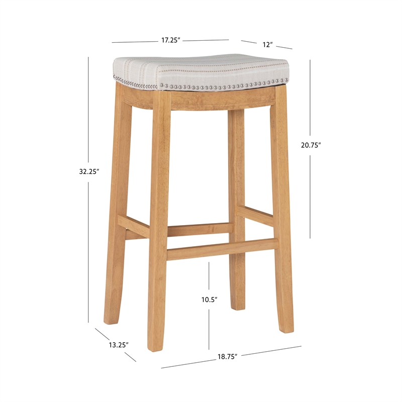 Maklaine Bar Stool Natural Stripe Padded Seat Wood Frame in Rustic Brown