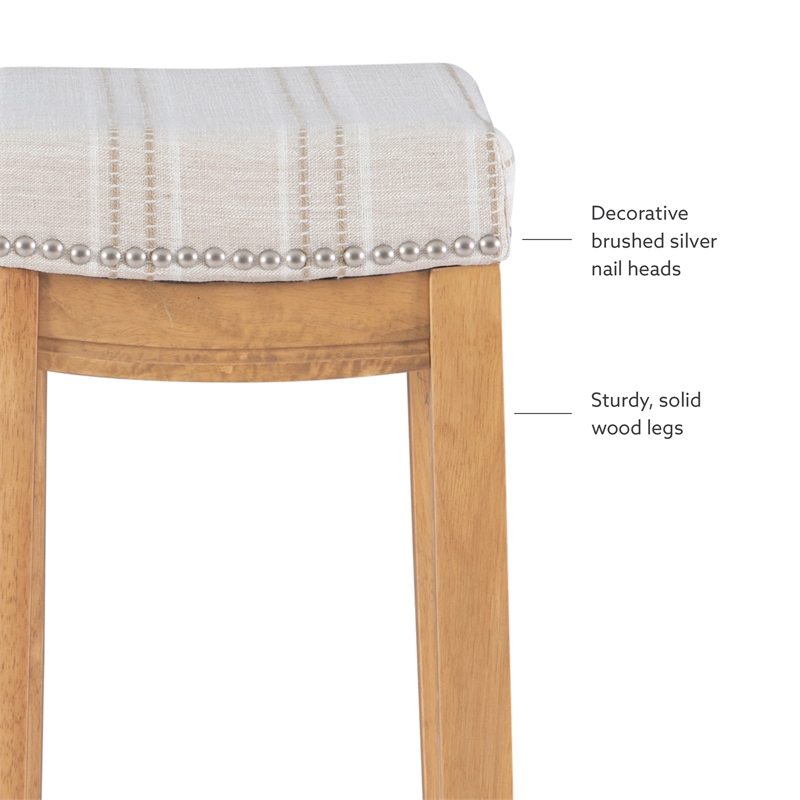 Maklaine Bar Stool Natural Stripe Padded Seat Wood Frame in Rustic Brown