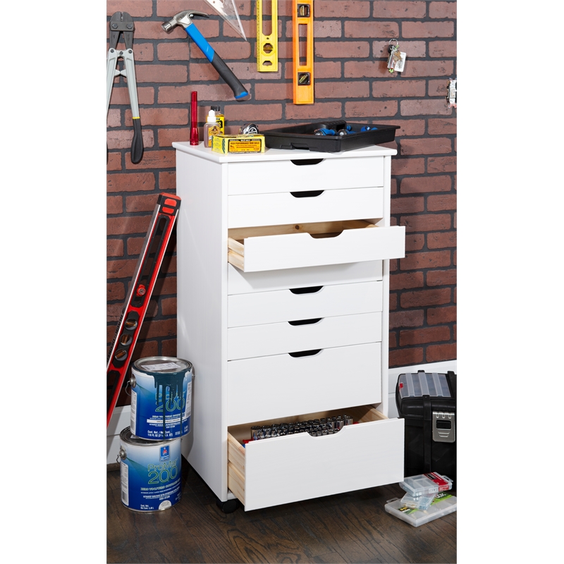 Maklaine Eight Drawer Rolling Storage Cart in White Wash Wood