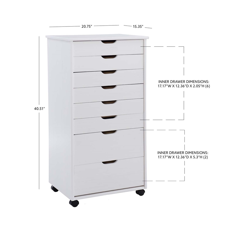 Maklaine Eight Drawer Rolling Storage Cart in White Wash Wood