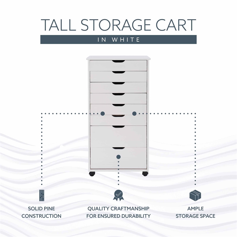 Maklaine Eight Drawer Rolling Storage Cart in White Wash Wood