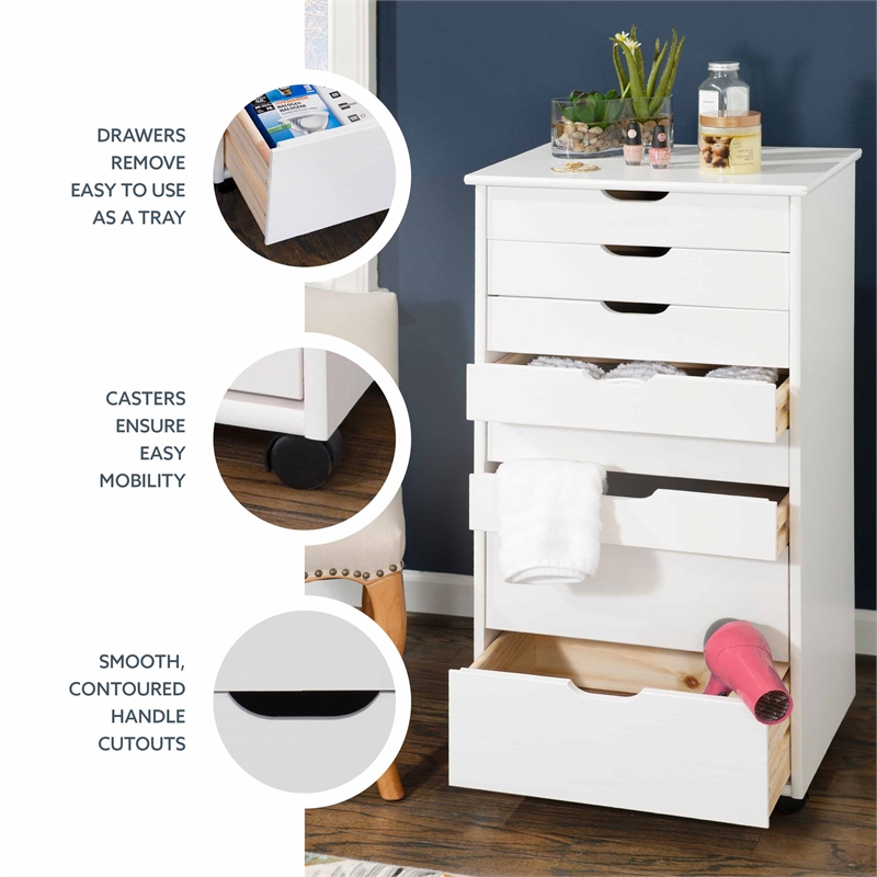 Maklaine Eight Drawer Rolling Storage Cart in White Wash Wood