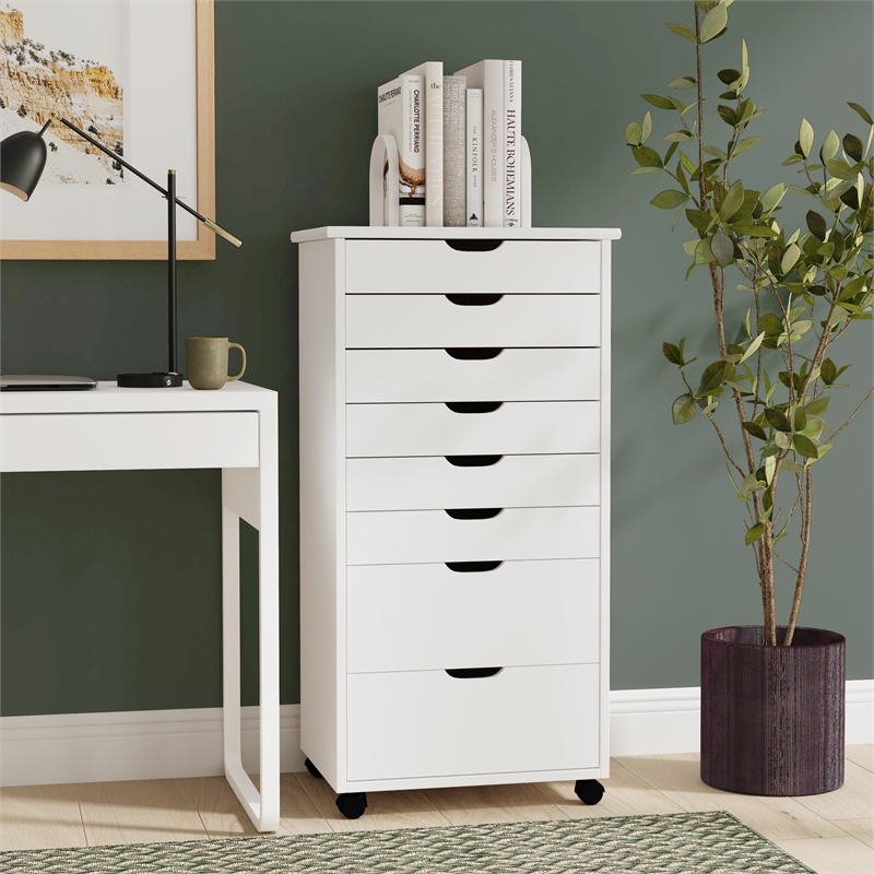 Maklaine Eight Drawer Rolling Storage Cart in White Wash Wood