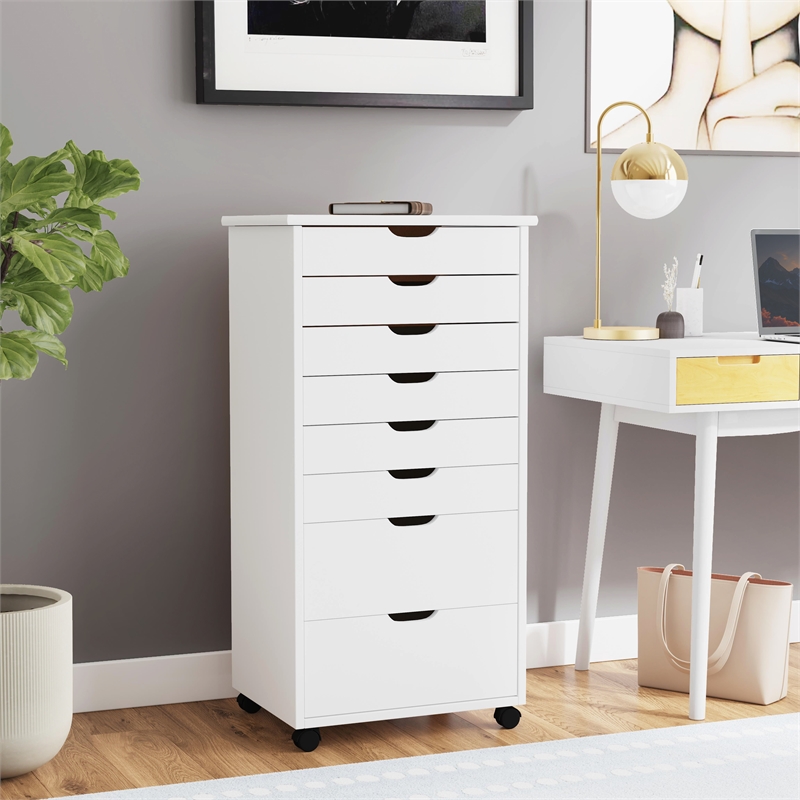 Maklaine Eight Drawer Rolling Storage Cart in White Wash Wood