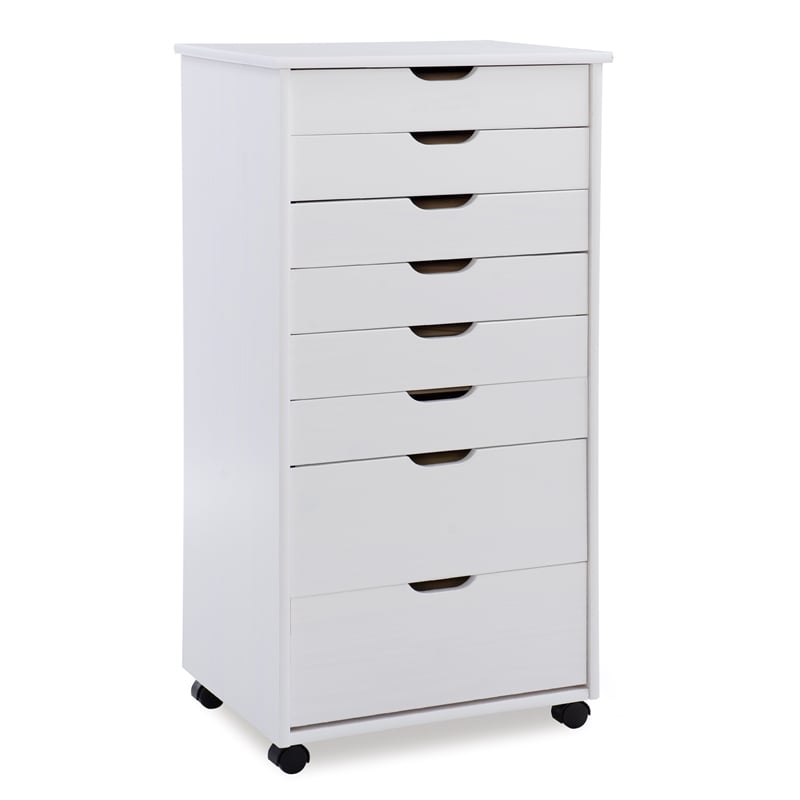 Maklaine Eight Drawer Rolling Storage Cart in White Wash Wood