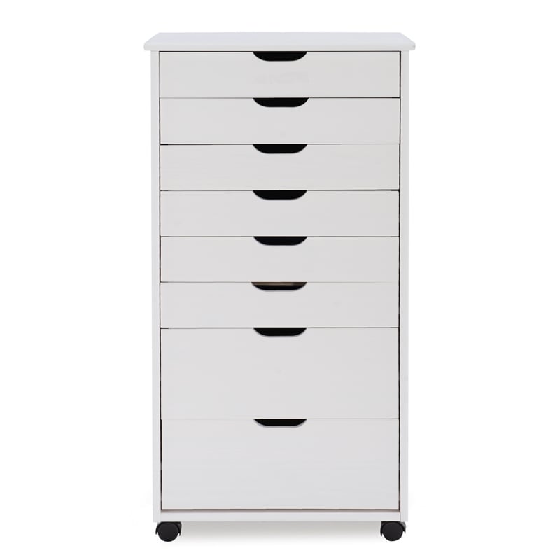 Maklaine Eight Drawer Rolling Storage Cart in White Wash Wood