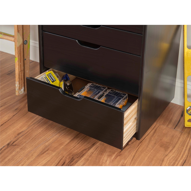 Maklaine Transitional Eight Drawer Rolling Storage Cart in Black Wood