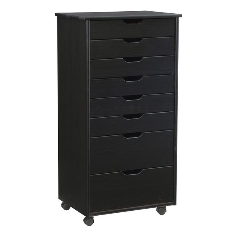 Maklaine Transitional Eight Drawer Rolling Storage Cart in Black Wood