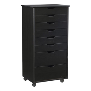 Maklaine Transitional Eight Drawer Rolling Storage Cart in Black Wood