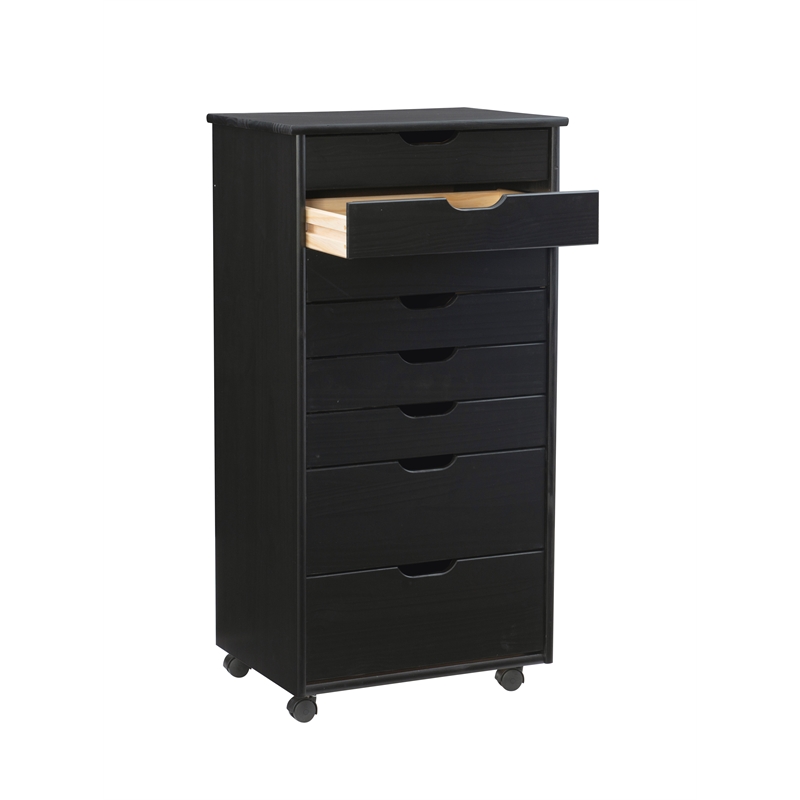 Maklaine Transitional Eight Drawer Rolling Storage Cart in Black Wood