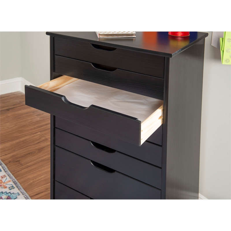 Maklaine Transitional Eight Drawer Rolling Storage Cart in Black Wood