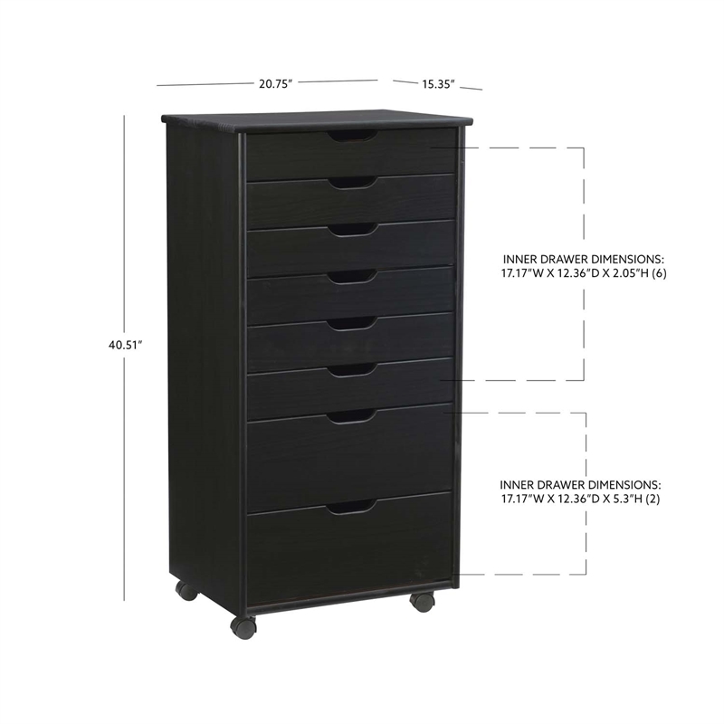 Maklaine Transitional Eight Drawer Rolling Storage Cart in Black Wood