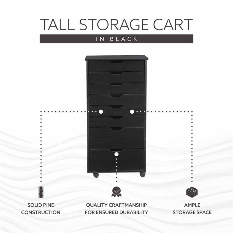 Maklaine Transitional Eight Drawer Rolling Storage Cart in Black Wood