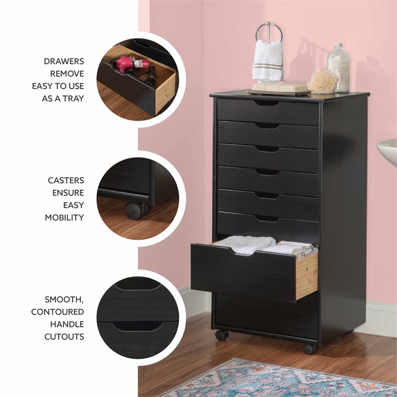 Maklaine Transitional Eight Drawer Rolling Storage Cart in Black Wood