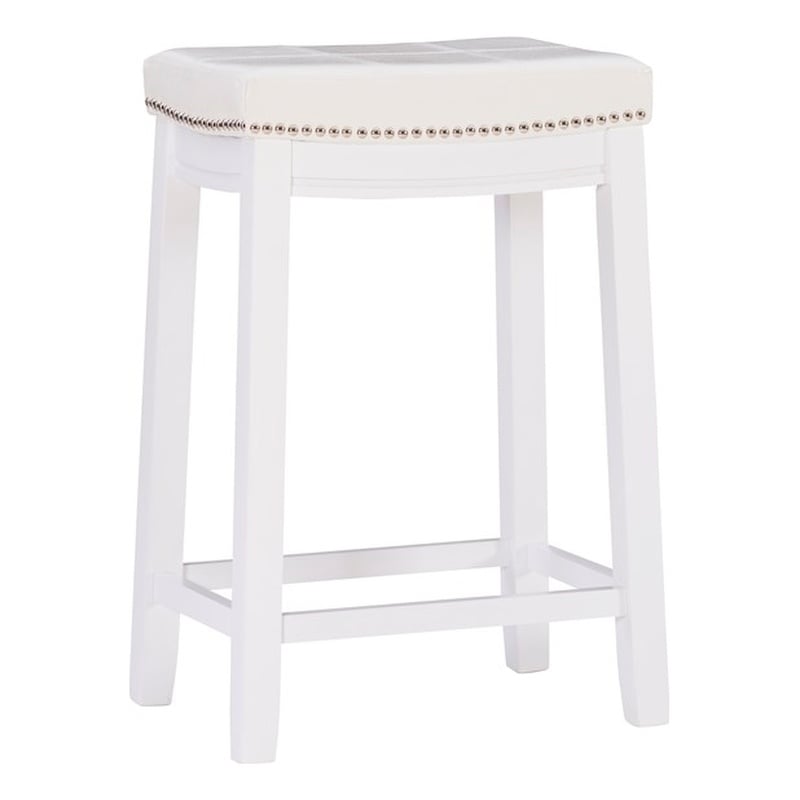 Maklaine Backless Counter Stool White Faux Leather Wood Frame in White