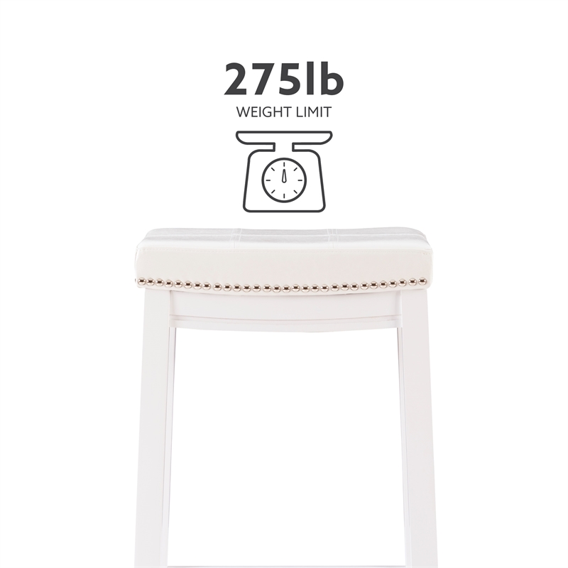 Maklaine Backless Counter Stool White Faux Leather Wood Frame in White