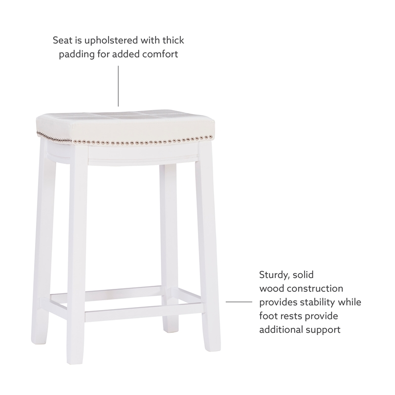 Maklaine Backless Counter Stool White Faux Leather Wood Frame in White