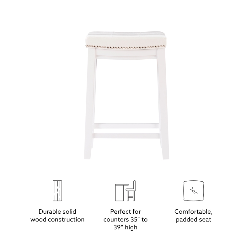 Maklaine Backless Counter Stool White Faux Leather Wood Frame in White