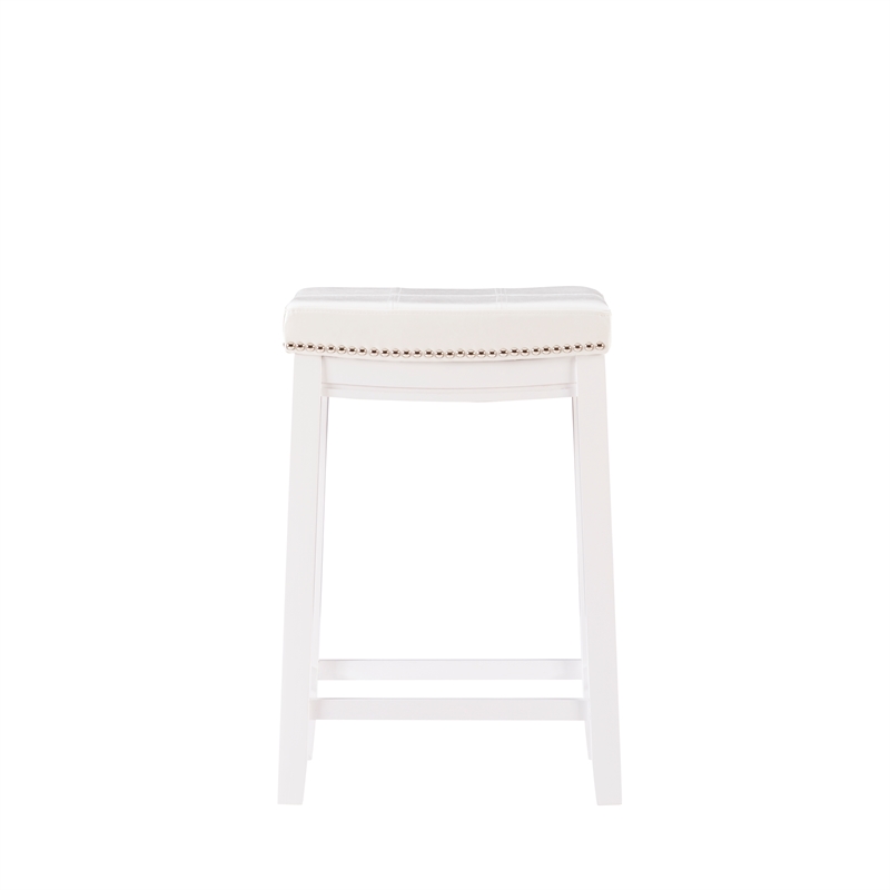 Maklaine Backless Counter Stool White Faux Leather Wood Frame in White