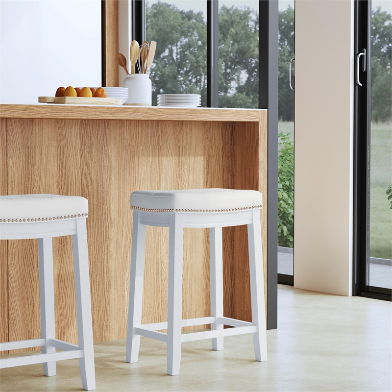 Maklaine Backless Counter Stool White Faux Leather Wood Frame in White