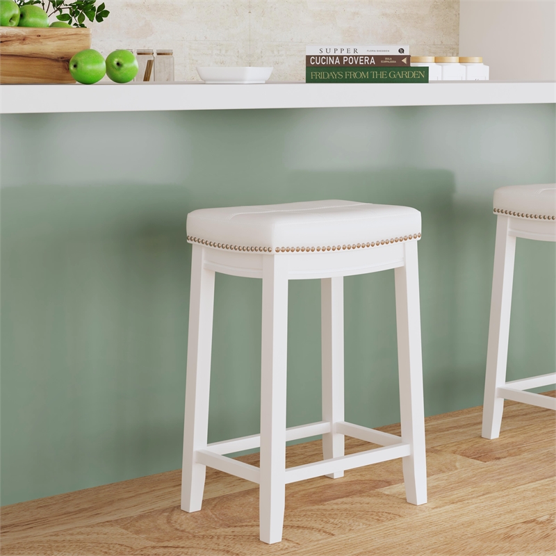 Maklaine Backless Counter Stool White Faux Leather Wood Frame in White
