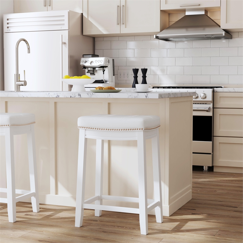 Maklaine Backless Counter Stool White Faux Leather Wood Frame in White