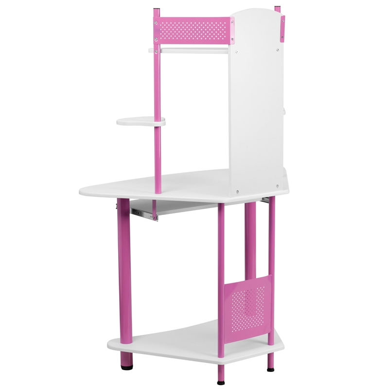 Maklaine Contemporary Corner Wood Computer Desk with Hutch in Pink