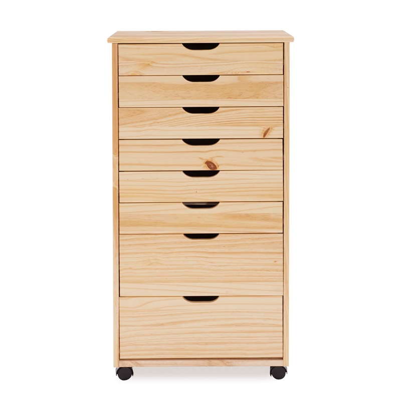 Maklaine Eight Drawer Rolling Storage Cart in Natural Stained Wood