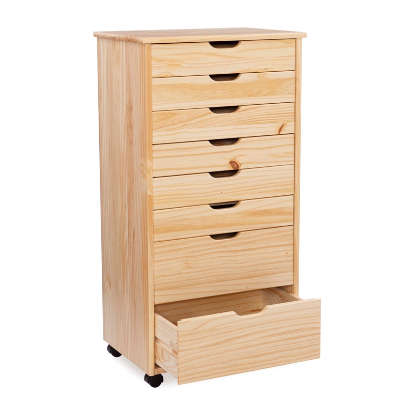 Maklaine Eight Drawer Rolling Storage Cart in Natural Stained Wood