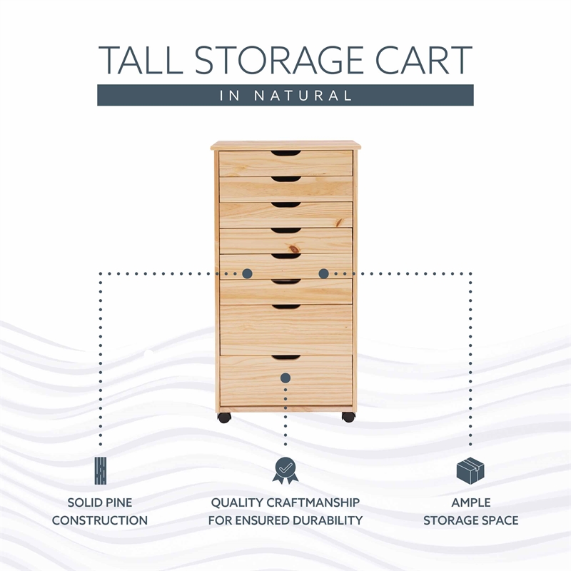 Maklaine Eight Drawer Rolling Storage Cart in Natural Stained Wood