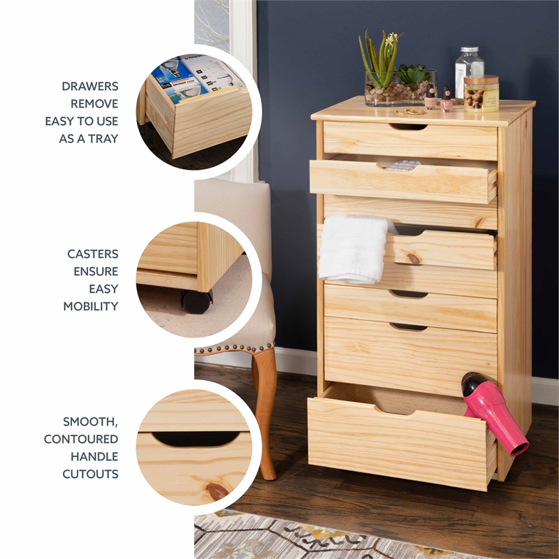 Maklaine Eight Drawer Rolling Storage Cart in Natural Stained Wood