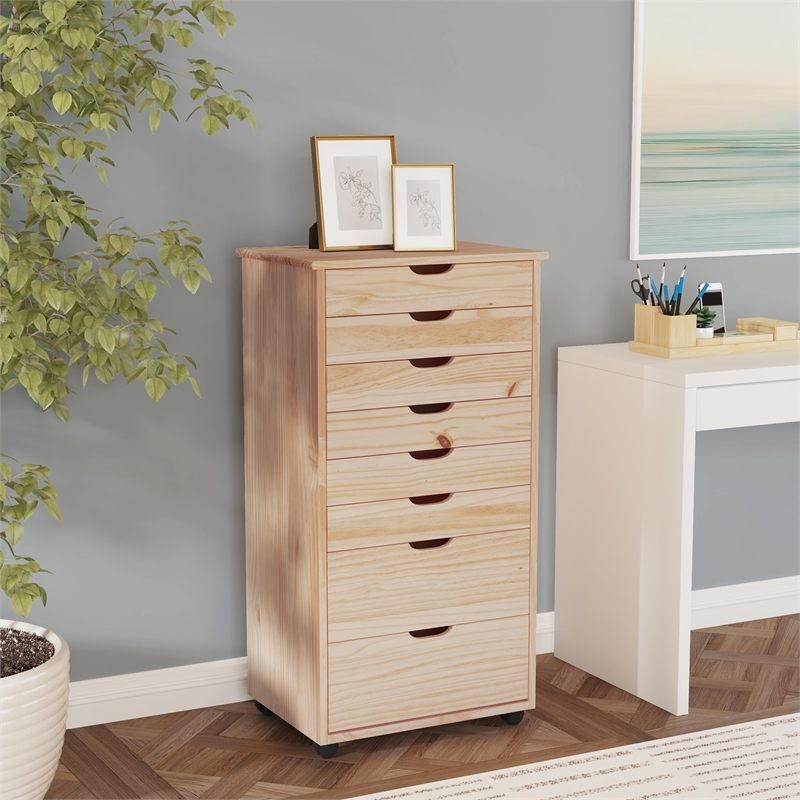 Maklaine Eight Drawer Rolling Storage Cart in Natural Stained Wood